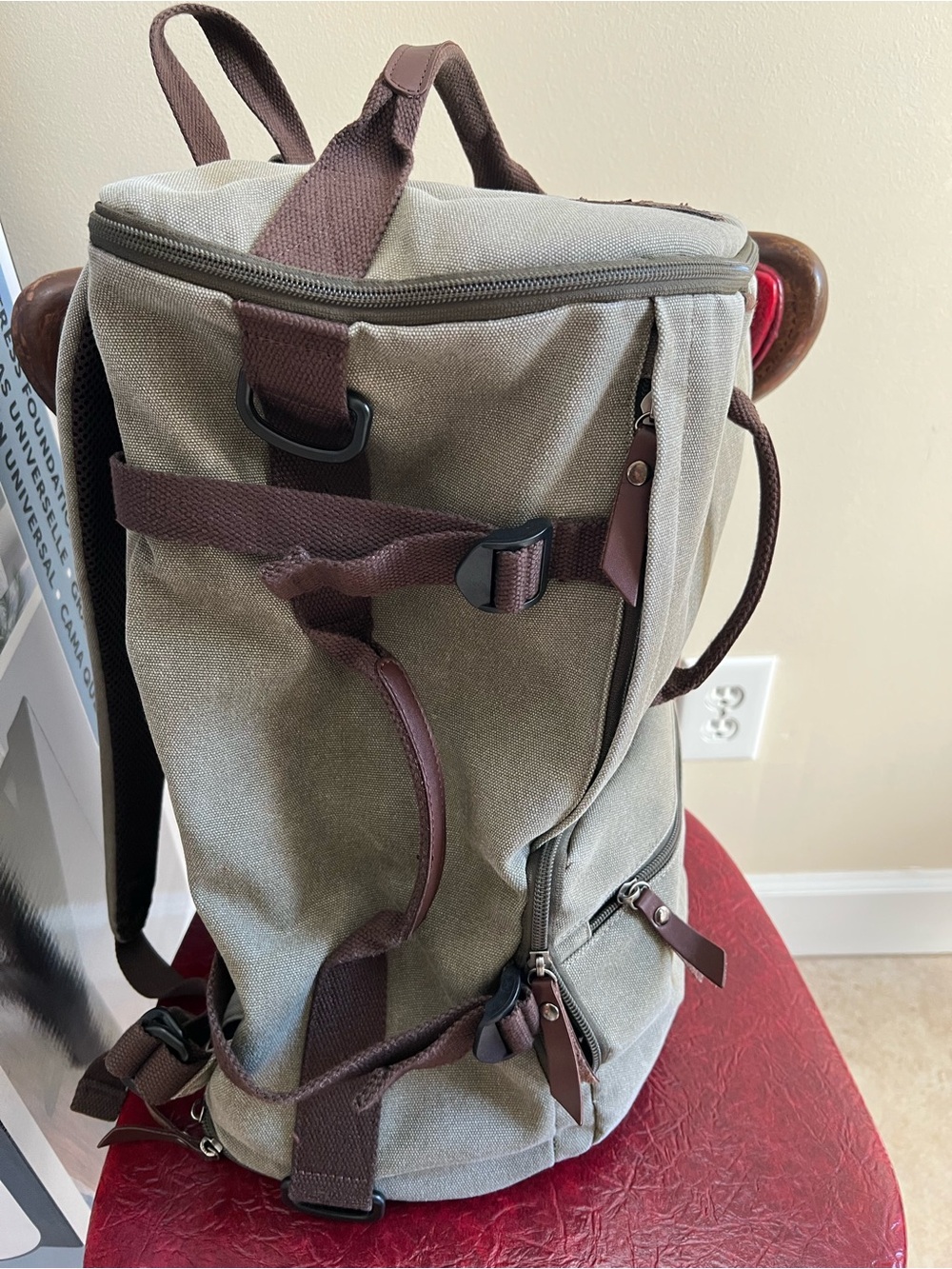 Men's Canvas Backpack in Army Green with Brown Trim